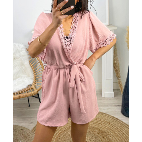 COMBINAISON SHORT 2 POCHES DENTELLE PE1044 ROSE