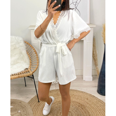 COMBINAISON SHORT 2 POCHES DENTELLE PE1044 BLANC