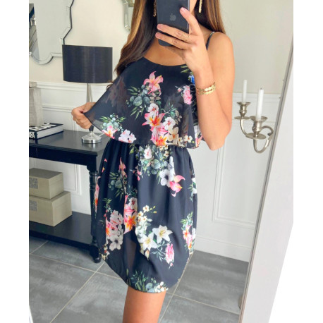 magnifique robe fleurie à bretelles PE1127 BLEU CIEL