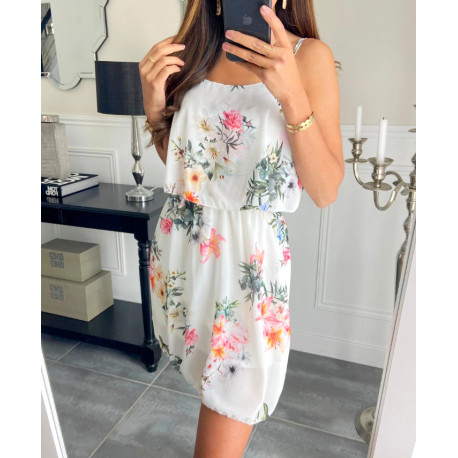 magnifique robe fleurie à bretelles PE1127 BLEU CIEL