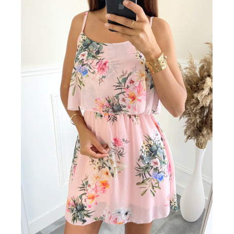 magnifique robe fleurie à bretelles PE1127 BLEU CIEL