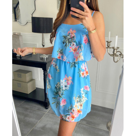 magnifique robe fleurie à bretelles PE1127 BLEU CIEL