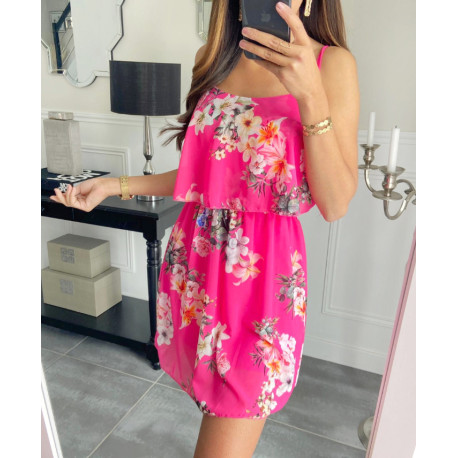 magnifique robe fleurie à bretelles PE1127 BLEU CIEL
