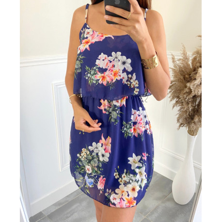 magnifique robe fleurie à bretelles PE1127 BLEU CIEL