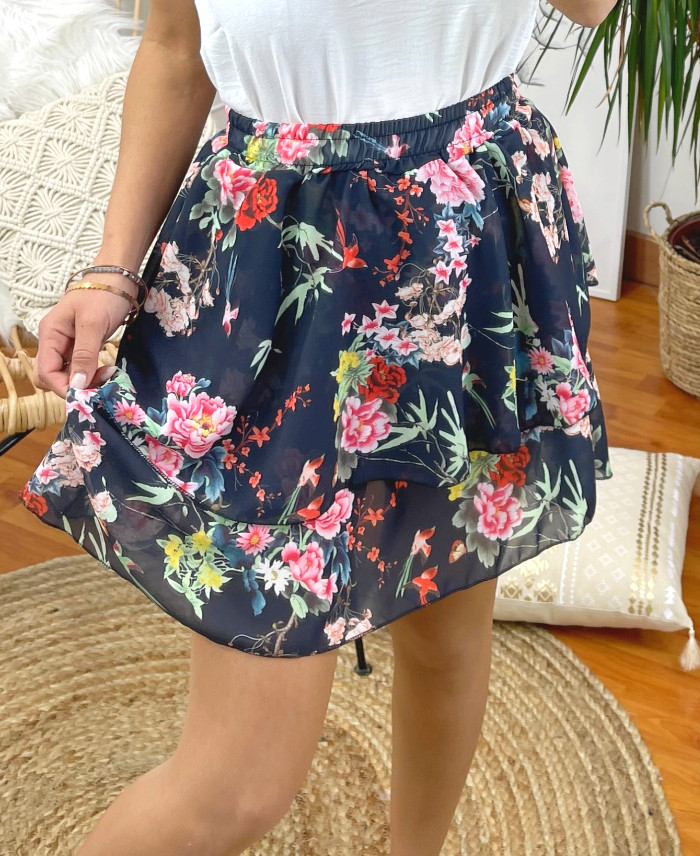 JUPE COURTE A FLEURS SUPERPOSEE 9739I1 NOIR